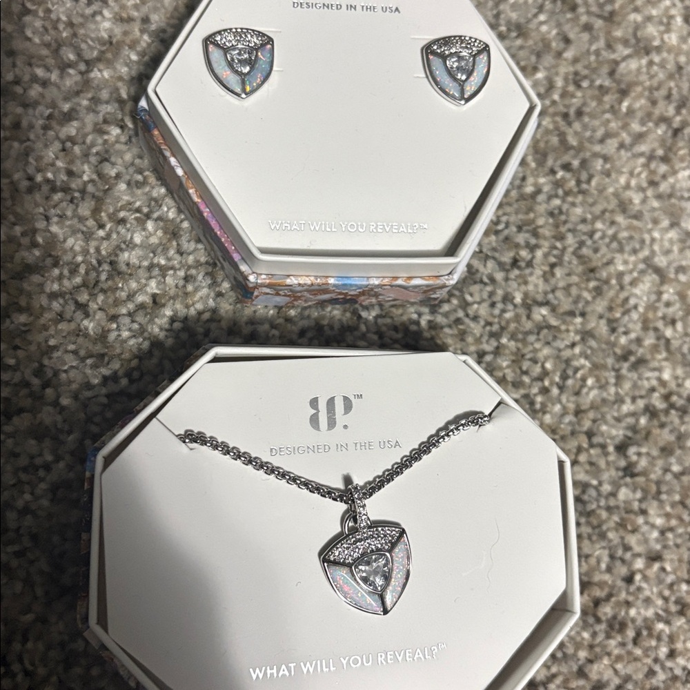 Lab-created Opal Shield Earrings and Necklace set on Rhodium